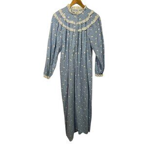 Vtg Lanz of Salzburg Womens Long Flannel Nightgown Lace Trim Sheep Blue Sz L